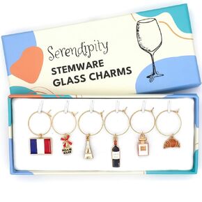 France Wine Glass Charms, France Gift, Grench Glass Identifiers, Charms Include Paris Eiffel Tower, Moulin Rouge, French Wine, Parfume, Flag and Croissant