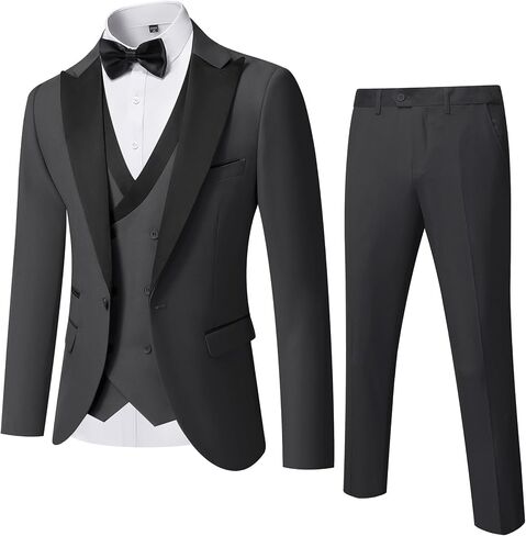 YND Men's 3 Piece Slim Fit Wedding Tuxedo Set, Peak Lapel One Button Suit Jacket, Double Breasted Vest Pants with Bow Tie in Kuwait