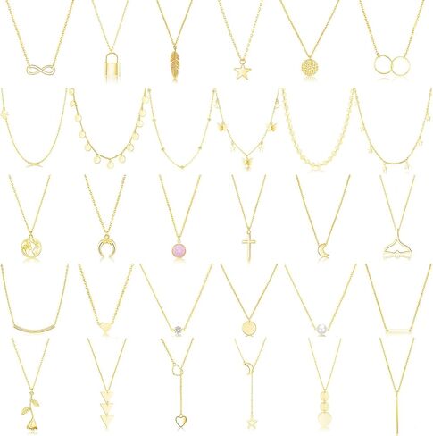 FUNEIA 30 قطعة قلادات ذهبية أنيقة بطبقات للنساء العصرية مطلية بالذهب عيار 14 قيراط صغيرة لطيفة مطرزة على شكل فراشة متقاطعة على شكل قلب وقلادة مجموعة للفتيات المراهقات والنساء مجموعة مجوهرات قلادة in Kuwait