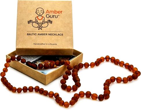 قلادة Amber Guru Baltic Amber للنساء والرجال (أصيلة ومعتمدة) - 21.7 بوصة، كونياك (مصقول) - مجوهرات عنبر للجنسين للبالغين - قلادة من خرز العنبر in Kuwait