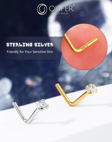 OUFER 925 Sterling Silver Nose Stud, Bone L Screw Shaped Nose Rings, 20G Nostril Solid 2mm Round CZ Nose Piercing Jewelry for Women Men in Kuwait