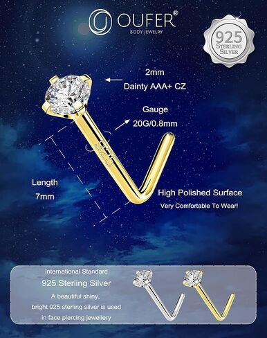 OUFER 925 Sterling Silver Nose Stud, Bone L Screw Shaped Nose Rings, 20G Nostril Solid 2mm Round CZ Nose Piercing Jewelry for Women Men in Kuwait