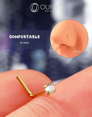 OUFER 925 Sterling Silver Nose Stud, Bone L Screw Shaped Nose Rings, 20G Nostril Solid 2mm Round CZ Nose Piercing Jewelry for Women Men in Kuwait