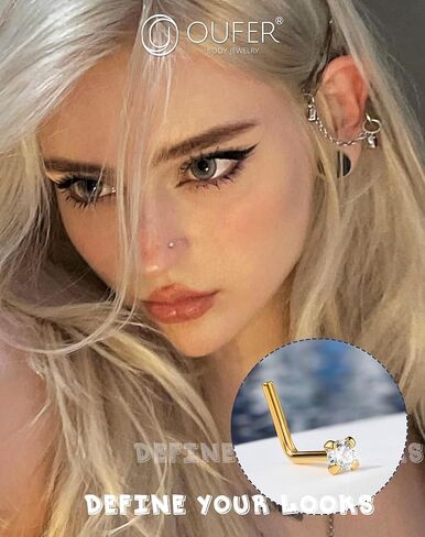 OUFER 925 Sterling Silver Nose Stud, Bone L Screw Shaped Nose Rings, 20G Nostril Solid 2mm Round CZ Nose Piercing Jewelry for Women Men in Kuwait