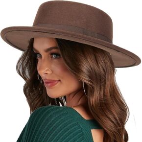 Classic-Fedora-Hat for Womens with Bowknot Vintage-Boater-Felt-Hats Flat-Top-Panama-Hat