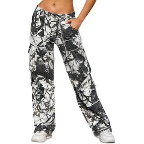 KGYA Unisex Camo Cargo Pants, Multi Pockets Raw Edge Oversized Straight Zipper Wide Legs Streetwear for Hip Hop Men Women