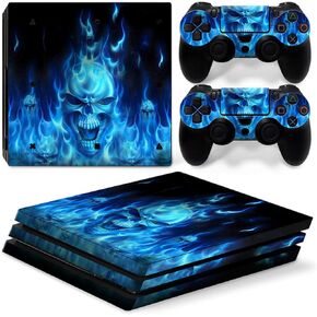 مجموعة غطاء لاصق من الفينيل من دوميلينا لجهاز سوني PS4 PRO و2 وحدات تحكم مزدوجة للصدمات - جمجمة لهب زرقاء