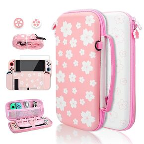 RHOTALL Sakura Pink Carrying Case Set for Nintendo Switch, Cute Cherry Blossom Storage Bag for Switch Accessories with Protective Case, Screen Protector, Adjustable Shoulder Strap and 2 Thumb Cap