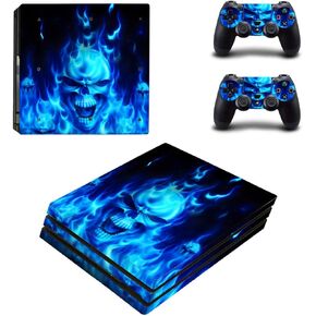 PS4 PRO Skin Set Vinyl Decal Sticker for Playstation 4 PRO Console Dualshock 2 Controllers - Blue Flame Skull