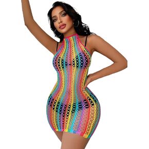 Women Lingerie Fishnet Mini Dress Fishnet Lingerie Dress High Neck Babydoll Halter Stretch Chemise