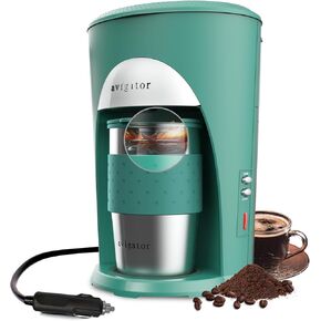 avigator Portable Coffee Maker, 12V Car Coffee Maker, Travel Coffee Machine Fits Car Cigarette Lighter Plug, with Fast Heating, Auto Shut Off, Ground Coffee Maker for Driving Camping&RV（Silver Black）