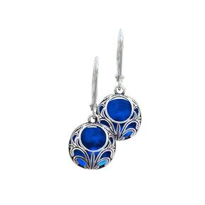 Recycled Vintage 1960's Cobalt Skin Cream Jar Glass and Sterling Silver Vintage Lace Lever Back Earrings