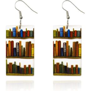 Bookcase Earrings, Book Dangle Earrings for Women Book Lover, Hand-made Acrylic & Wood Earrings, Graduation, Back to School Gifts