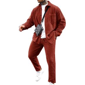 LecGee Men's 2 Piece Corduroy Shacket and Pants Outfits Long Sleeve Causal Autumn Winter Jacket Tracksuit Overshirt Set
