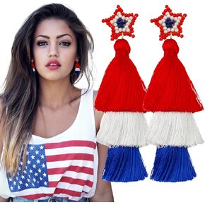 Independence Day Earrings, Tassel Earrings for Women 4th of July, Drop Dangle Earrings Bohemian Tiered Earrings, Red White and Blue Earrings with Beaded Star for Girls