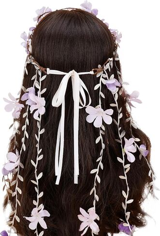 PartyforU Purple Flower Hippie Headpiece Forest Vines Crown Boho Floral Headband for Women Girls Fairy Bohemian Cosplay Wedding Bridal Shower Renaissance Fair Proms Bachelor Party in Kuwait