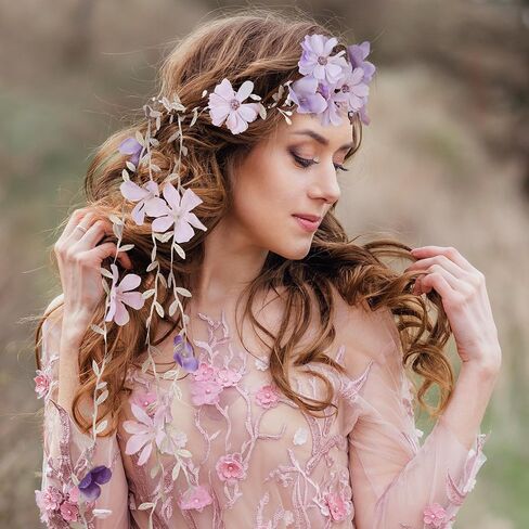 PartyforU Purple Flower Hippie Headpiece Forest Vines Crown Boho Floral Headband for Women Girls Fairy Bohemian Cosplay Wedding Bridal Shower Renaissance Fair Proms Bachelor Party in Kuwait