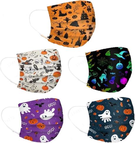 WAWEOOP Fall Halloween Disposable Printed Face_Masks with Designs for Adults,3 Ply Procetive with Nose Wire,50Pcs in Kuwait