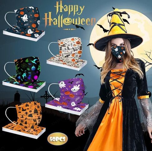 WAWEOOP Fall Halloween Disposable Printed Face_Masks with Designs for Adults,3 Ply Procetive with Nose Wire,50Pcs in Kuwait