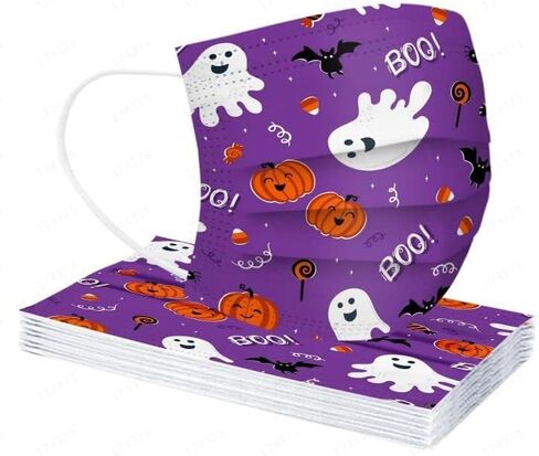 WAWEOOP Fall Halloween Disposable Printed Face_Masks with Designs for Adults,3 Ply Procetive with Nose Wire,50Pcs in Kuwait