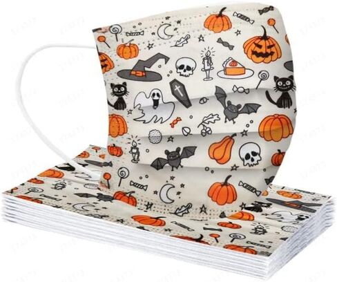 WAWEOOP Fall Halloween Disposable Printed Face_Masks with Designs for Adults,3 Ply Procetive with Nose Wire,50Pcs in Kuwait