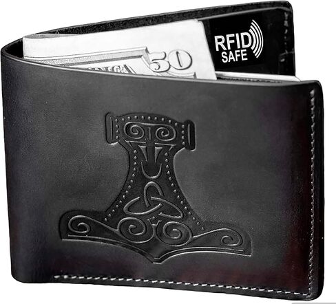 Stahlgilde Hand - made in Ukraine Vegvisir Wallet Gift for Men - Genuine Black Leather RFID Blocking Bifold - Embossed Leather Wallet - Pocket Wallets - Vikings Vegvisir Signpost Wallet kk in Kuwait