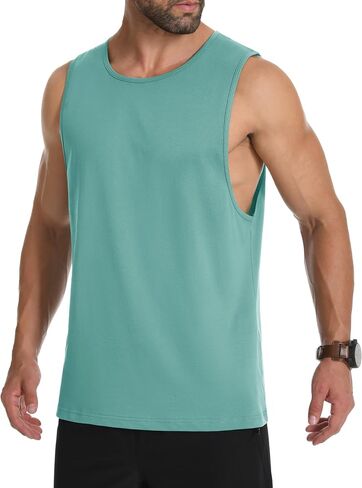 MAGCOMSEN Mens Workout Cut Off Shirt Sleeveless Muscle Shirts Athletic Cotton Tank Tops Gym Fitted Tanks Summer Running in Kuwait