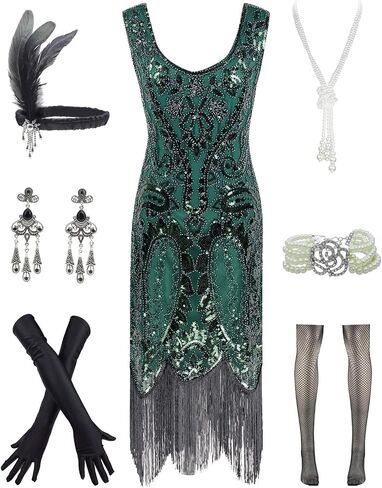 YENMILL Women's 1920s Sequins Flapper Gatsby Cocktail Dress with 20s Headband Accessories Set in Kuwait