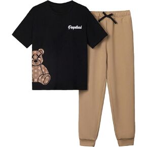 OYOANGLE Boy's 2 Piece Outfits Pants Set Graphic Short Sleeve Crew Neck T Shirt and Sweatpants Set