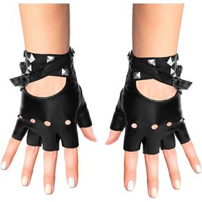 Skeleteen Fingerless Faux Leather Gloves - Black Biker Punk Gloves with Belt Up Closure and Rivet Design for Women and Kids