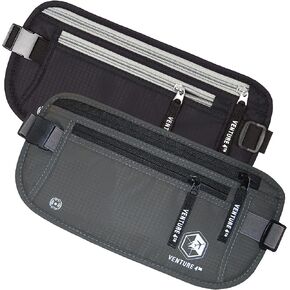 VENTURE 4TH Travel Money Belt Bundle Black and Gray - Slim Passport Holder RFID Blocking Travel Pouch to Protect Cash, Credit Cards and Travel Documents
