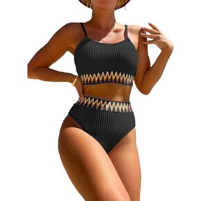 YELAIVP Women's Ribbed High Waisted Bikini Sets High Cut Tummy Control Swimsuit Bathing Suit