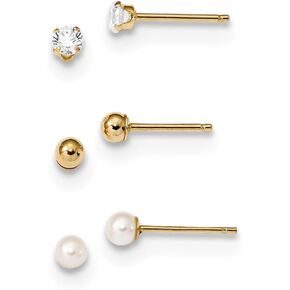 Solid 14k Yellow Gold 3 Pair Set-Ball, CZ Cubic Zirconia & Freshwater Cultured Pearl Earrings (3.3mm x 3.3mm)