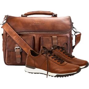 VELEZ 10.5 Brown Mens Business Casual Sneakers + Full Grain Leather Messenger Bag for Men Business Travel Briefcase Computer Laptop Bag