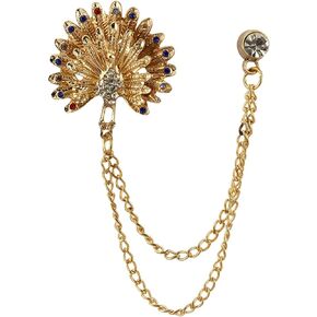 A N KINGPiiN Lapel Pin for Men Golden Stone Peacock with Hanging Chain Suit Stud, Shirt Men's Accessories Golden