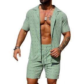 URRU Men's 2 Pieces Outfits Summer Beach Set See Through Sheer Short Sleeve Flower Lace Shirts and Shorts Sets