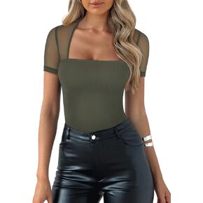 REORIA Women's Sexy Square Neck Short Sleeve Sheer Mesh Double Lined Slimming 2024 Trendy Going Out Bodysuits Tops
