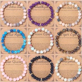 MOZAKA 9PCS Crystal Bracelet for Women Men, 8mm Semi-Precious Gemstone Beaded Bracelets, Round Gemstones Stretch Bracelet, Yoga Bracelets Jewelry Gifts