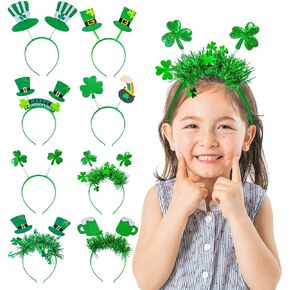 8Pcs St. Patrick's Day Headbands, Green Shamrock Clover Hats Headbands Boppers, Saint Patricks Day Irish Headwear Costume Accessories Top Hat Head Band Bopper Party Favors for Women Men Kids