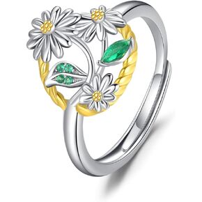 Daisy Rings for Women 925 Sterling Silver Adjustable Daisy Flower Ring Leaves Daisy Wrap Ring Daisy Rings Jewelry Gift for Girls Birthday