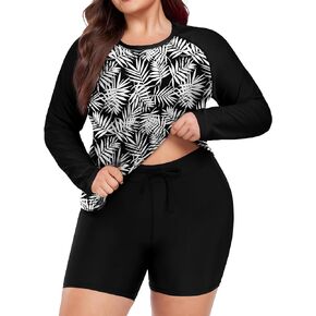 FOREYOND Women's 2 Piece Plus Size Rash Guard Long Sleeve Swimsuits Swim Shirt and Short Bathing Suit UPF 50+