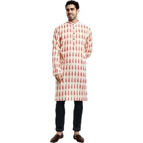 FASHIENT Men's Cotton Blend Printed Kurta Long Button Down Shirt