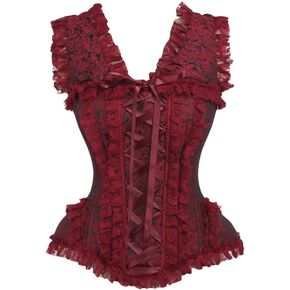 Daisy corsets Womens Top Drawer Red/Black Brocade & Lace Steel Boned Corset W/Cap Sleeves