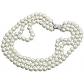 Simulated Pearl Necklace Rhinestone Faux Diamond Clasp Kenneth Lane Jewelry 3 Rows 10mm Pearls Jackie Kennedy Repro