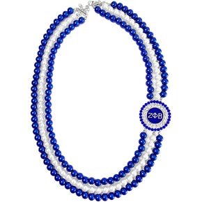 Handmade ZETA P BETA ZPB sorority society letter rhinestone Metal charm Blue and white pearl long necklace