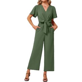 JASAMBAC Women's 2024 Summer Wide Leg Jumpsuits Casual Dressy One Piece Outfits V Neck High Waist Linen Romper with Pockets