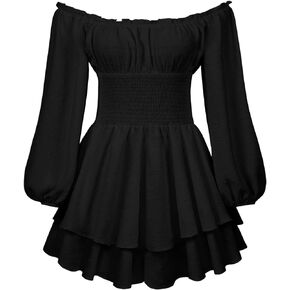 Fabumily Women Puff Sleeve Romper Off Shoulder Ruffle Dress with Shorts Long Sleeve Flowy Layered Pirate Jumpsuit Playsuits