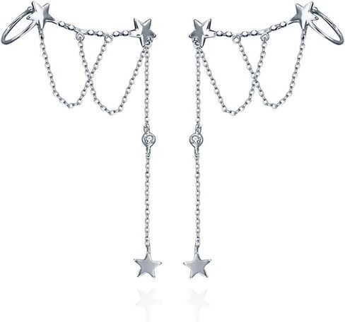Reffeer Solid 925 Sterling Silver Star Cuff Earrings Chain Dangle for Women Girls Star Wrap Earrings Crawler in Saudi Arabia