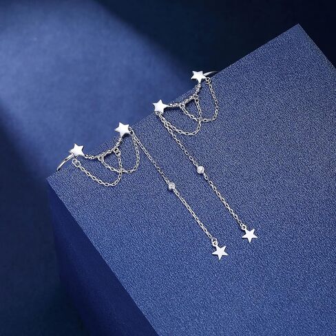 Reffeer Solid 925 Sterling Silver Star Cuff Earrings Chain Dangle for Women Girls Star Wrap Earrings Crawler in Saudi Arabia