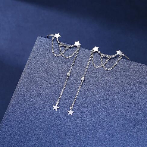 Reffeer Solid 925 Sterling Silver Star Cuff Earrings Chain Dangle for Women Girls Star Wrap Earrings Crawler in Saudi Arabia